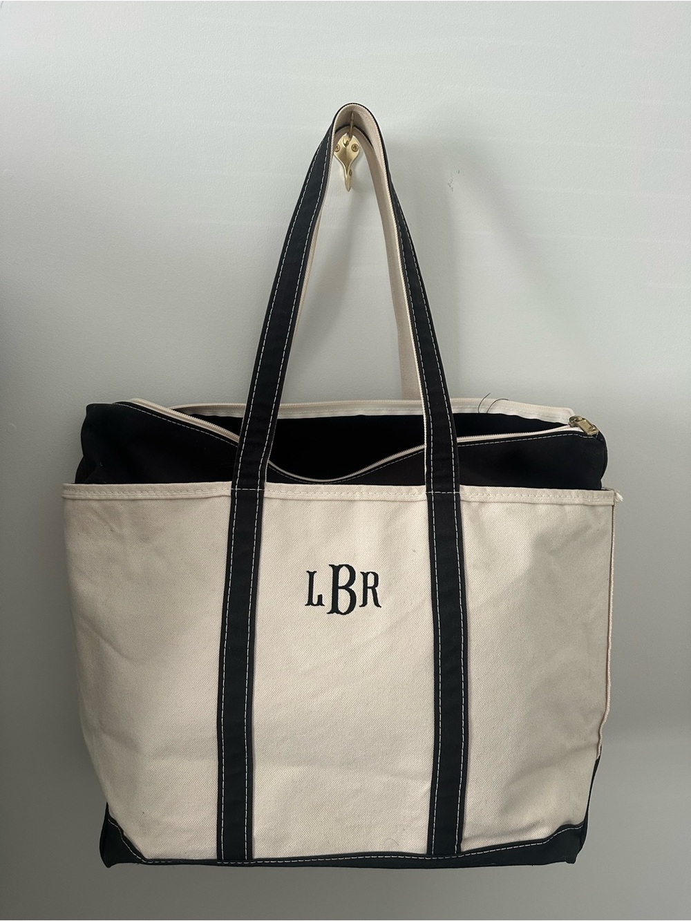 LL Bean Monogram Canvas Tote Bag - Black & Cream